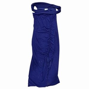 Ember Women's Dark Navy Off The Shoulder Glitter Split Prom Dress - Size XL